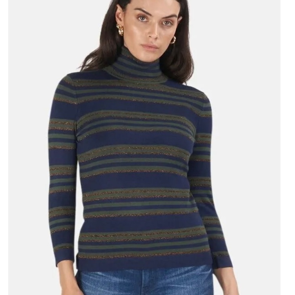 L'Agence Blue Green & Copper Stripe Rayon Knit Turtleneck Pullover Top SZ m